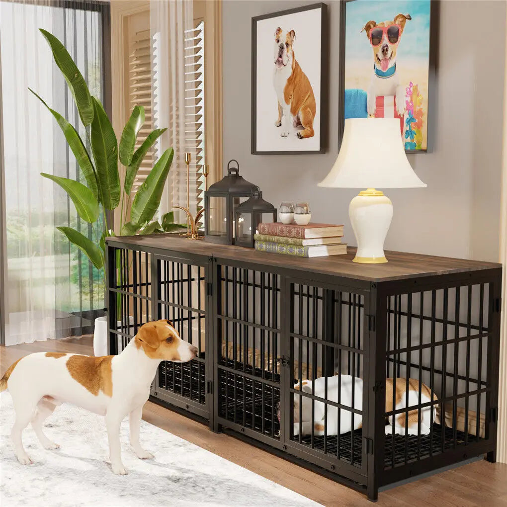 Wooden Dog Crate End Table with Metal Frame and Tray