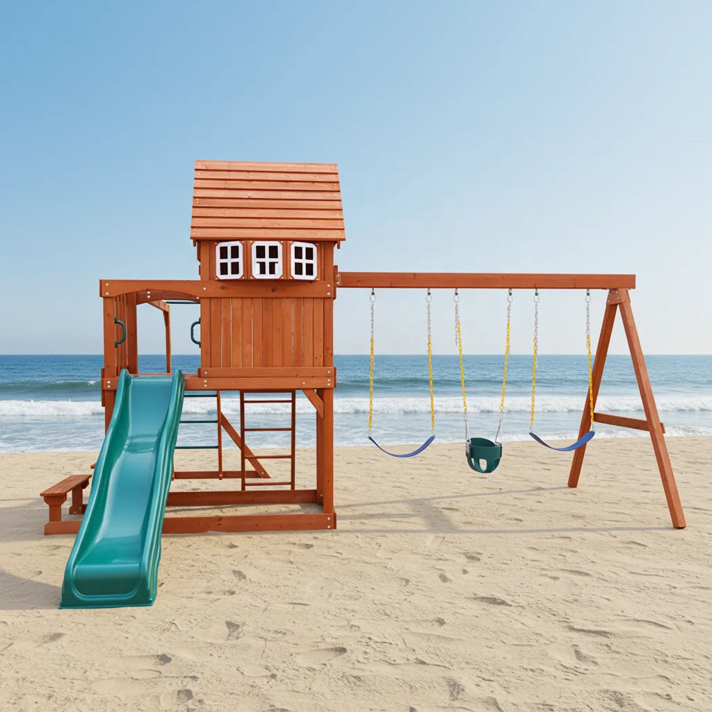 Outdoor Wooden Playground Swing Set With Monkey Bars
