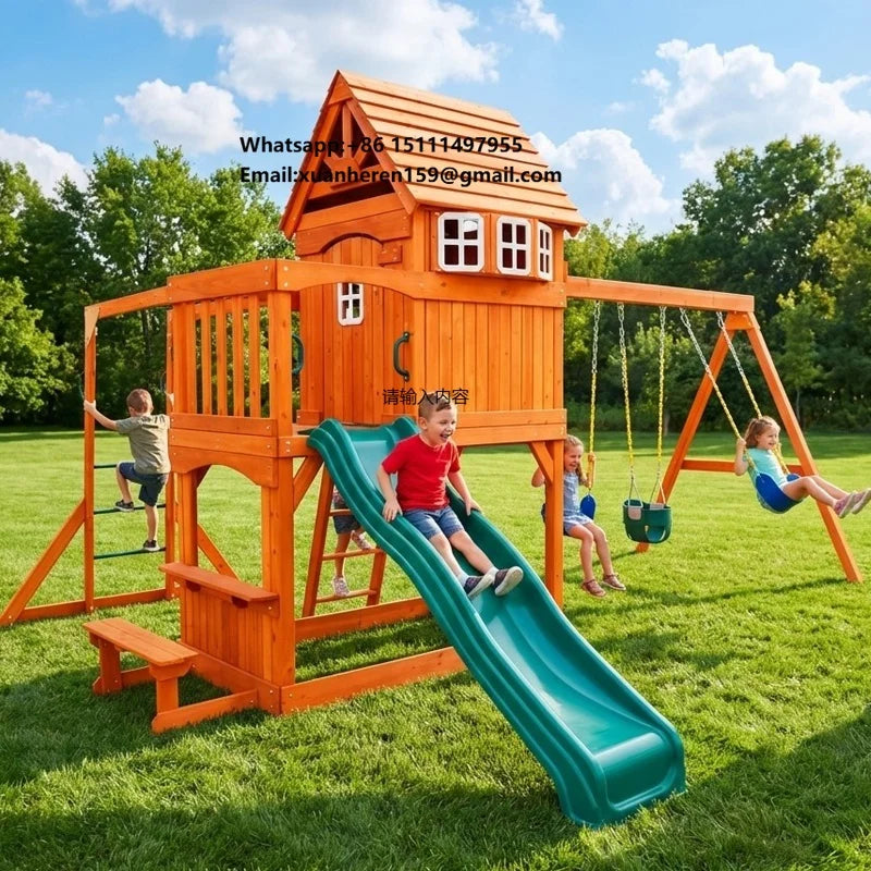 Outdoor Wooden Playground Swing Set With Monkey Bars
