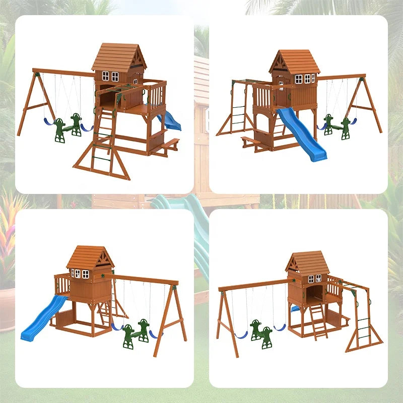 Outdoor Wooden Playground Swing Set With Monkey Bars