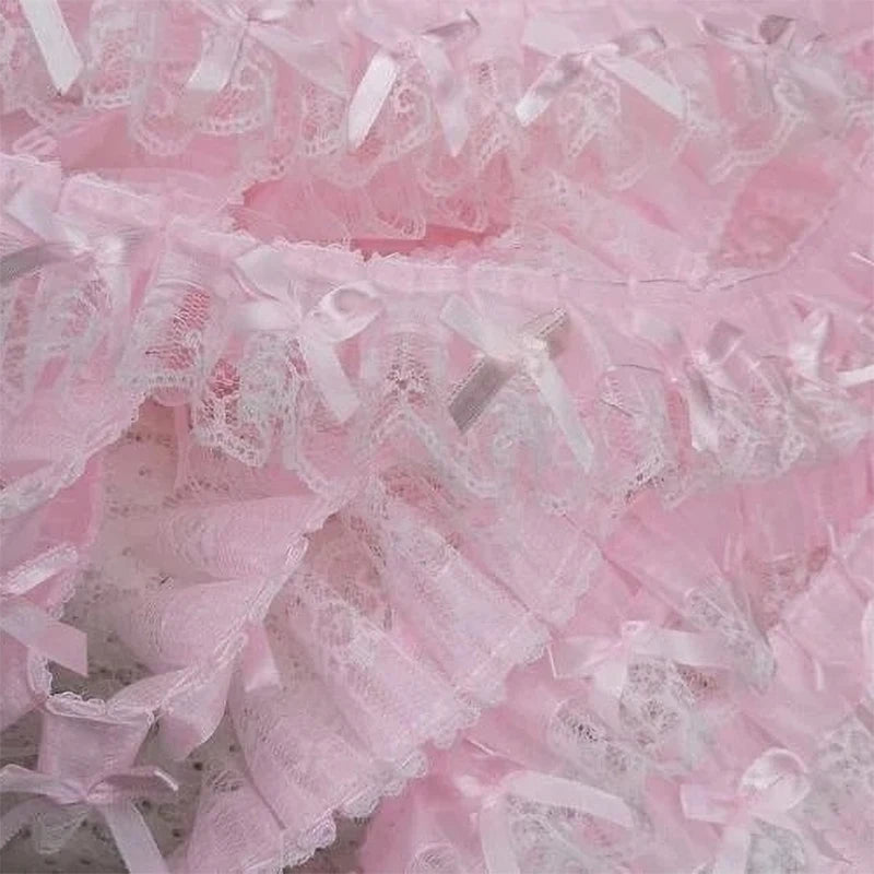 Pink Ruffled Bow Embroidery Lace Trim 1 Yard