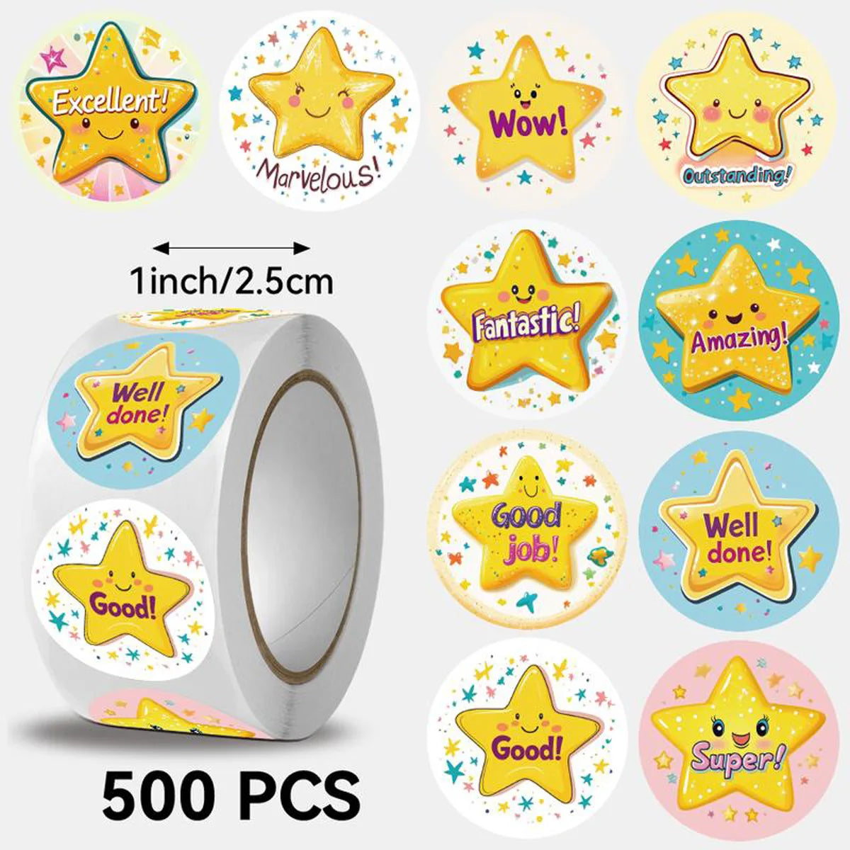 H1119-500pcs Color Star Reward Stickers Roll for Kids and Classroom