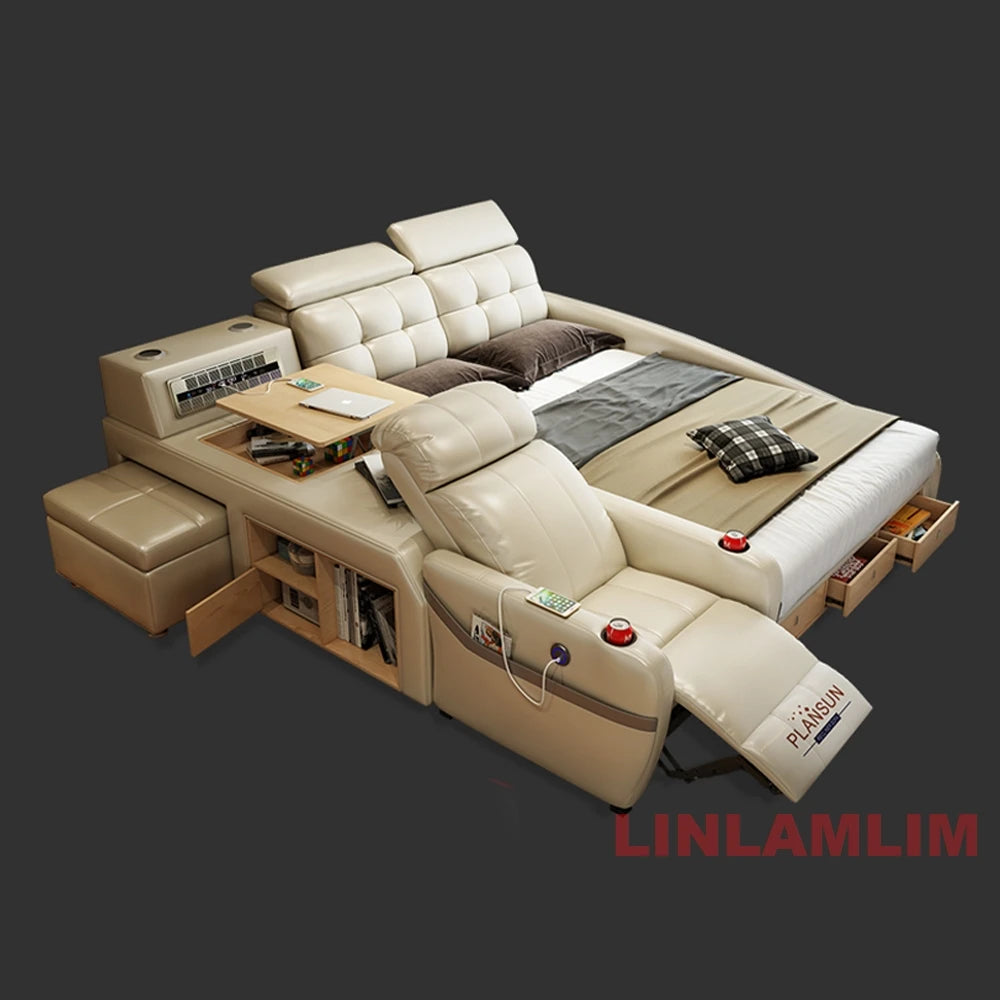 bed with high box Color Smart Genuine Leather Platform Bed With Massage & Storage