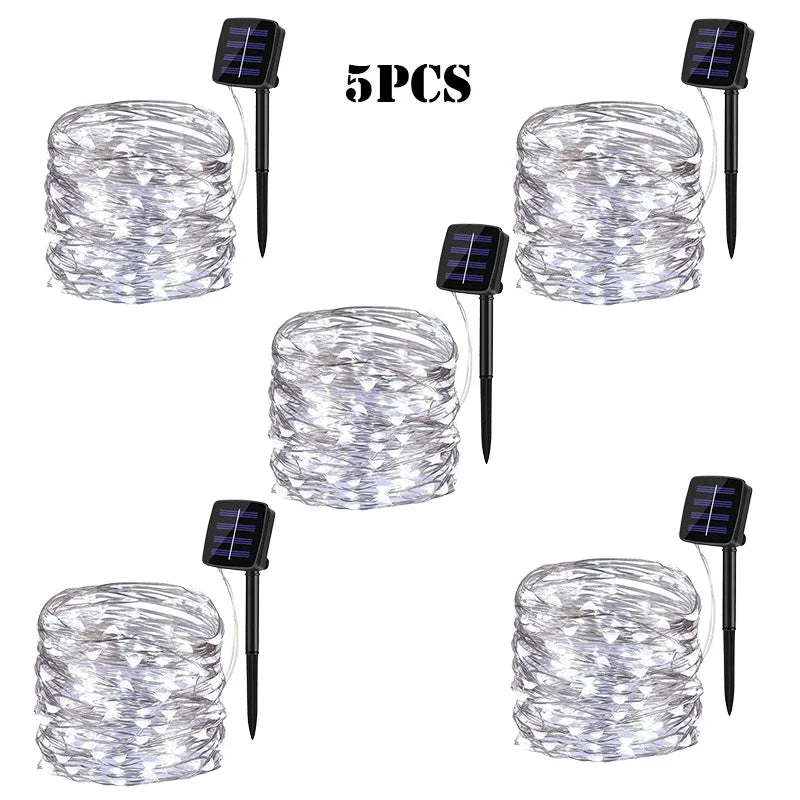 5pcs-white Emitting Color Solar LED Fairy String Lights Outdoor – 8 Modes, IP65