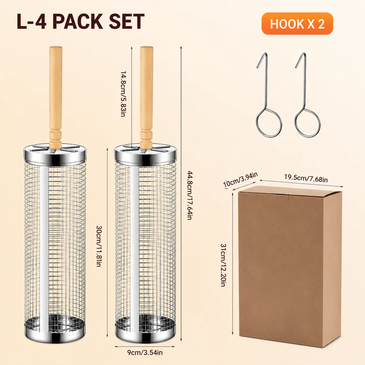 L-4 Pack Set Color Stainless Steel Rolling Grill Baskets Set With Wooden Handle