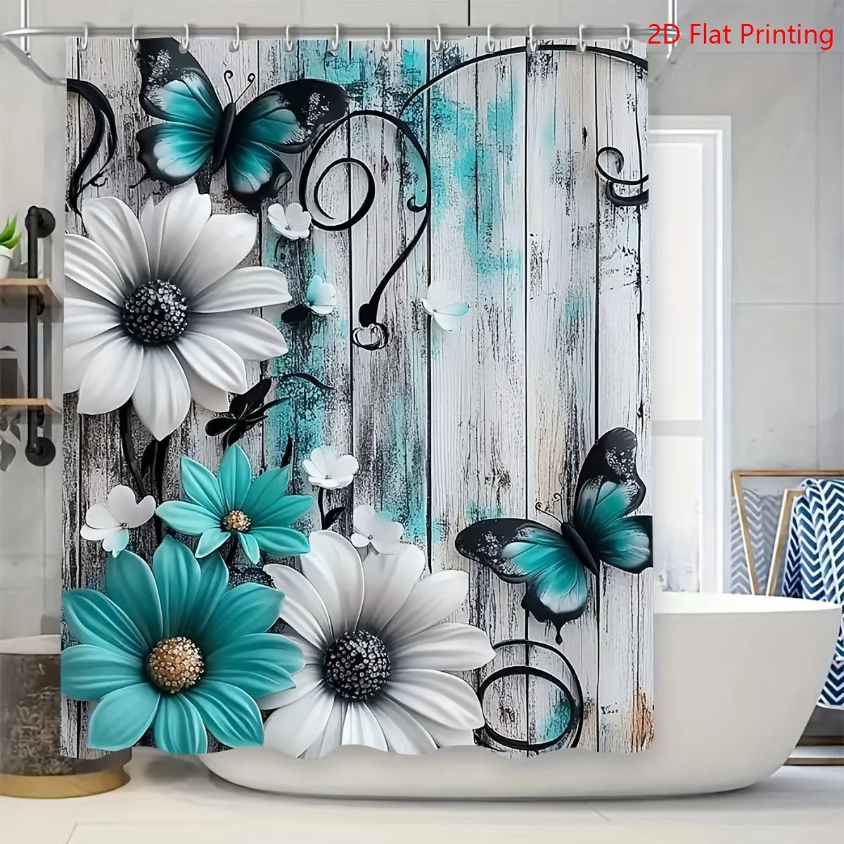 Teal Floral Butterfly Shower Curtain With 4-Piece Bath Mat Set