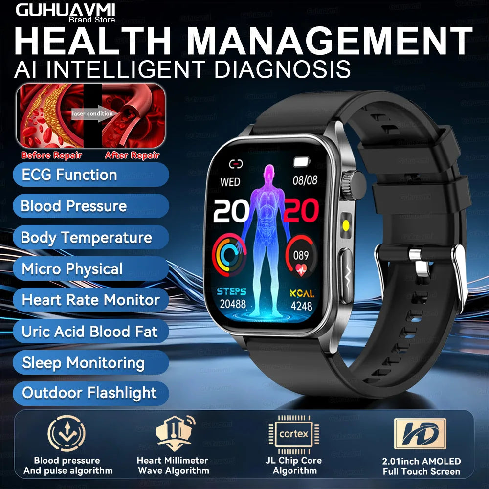Black Color 650nm Laser Therapy Smartwatch With ECG PPG Health Tracking