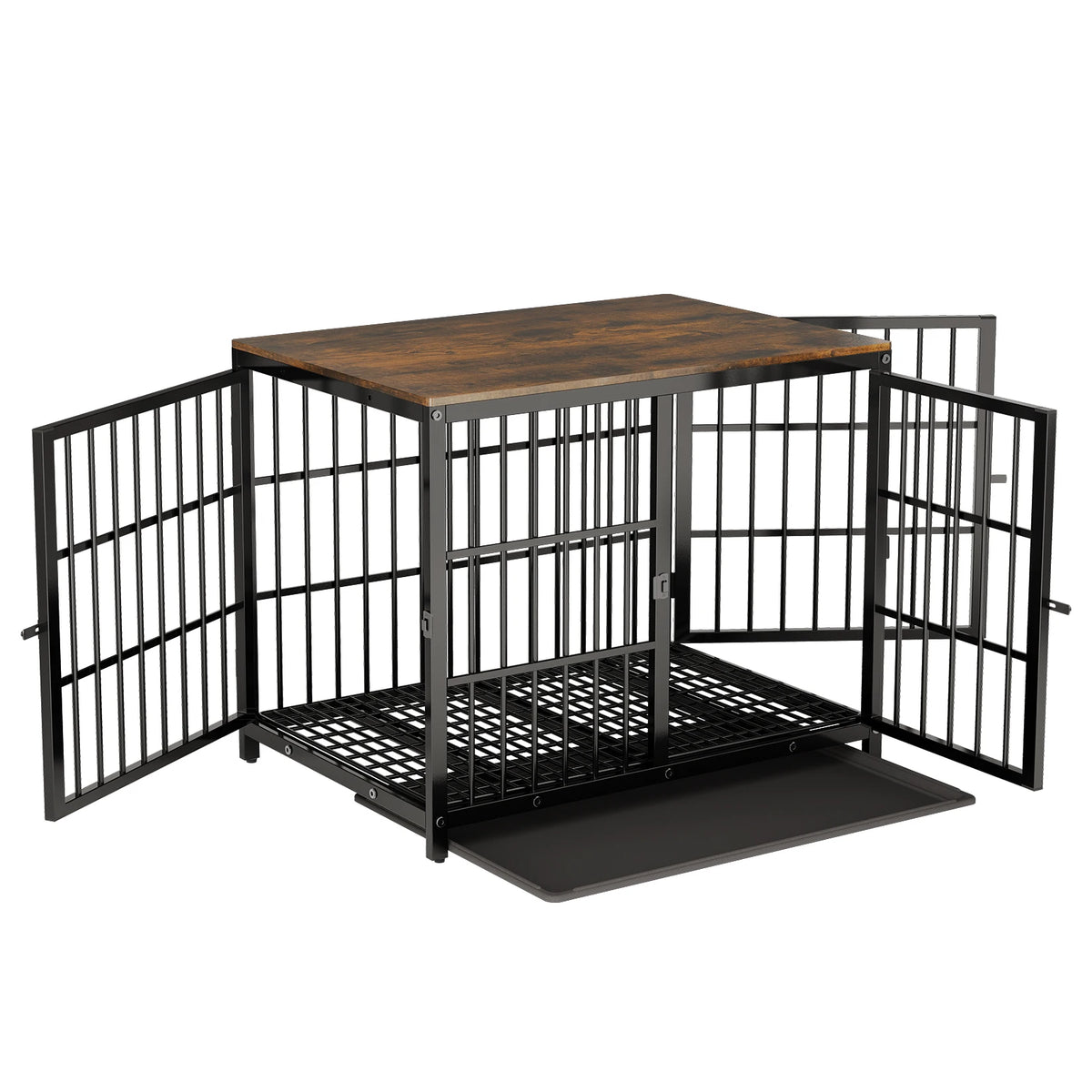 black Color Wooden Dog Crate End Table with Metal Frame and Tray