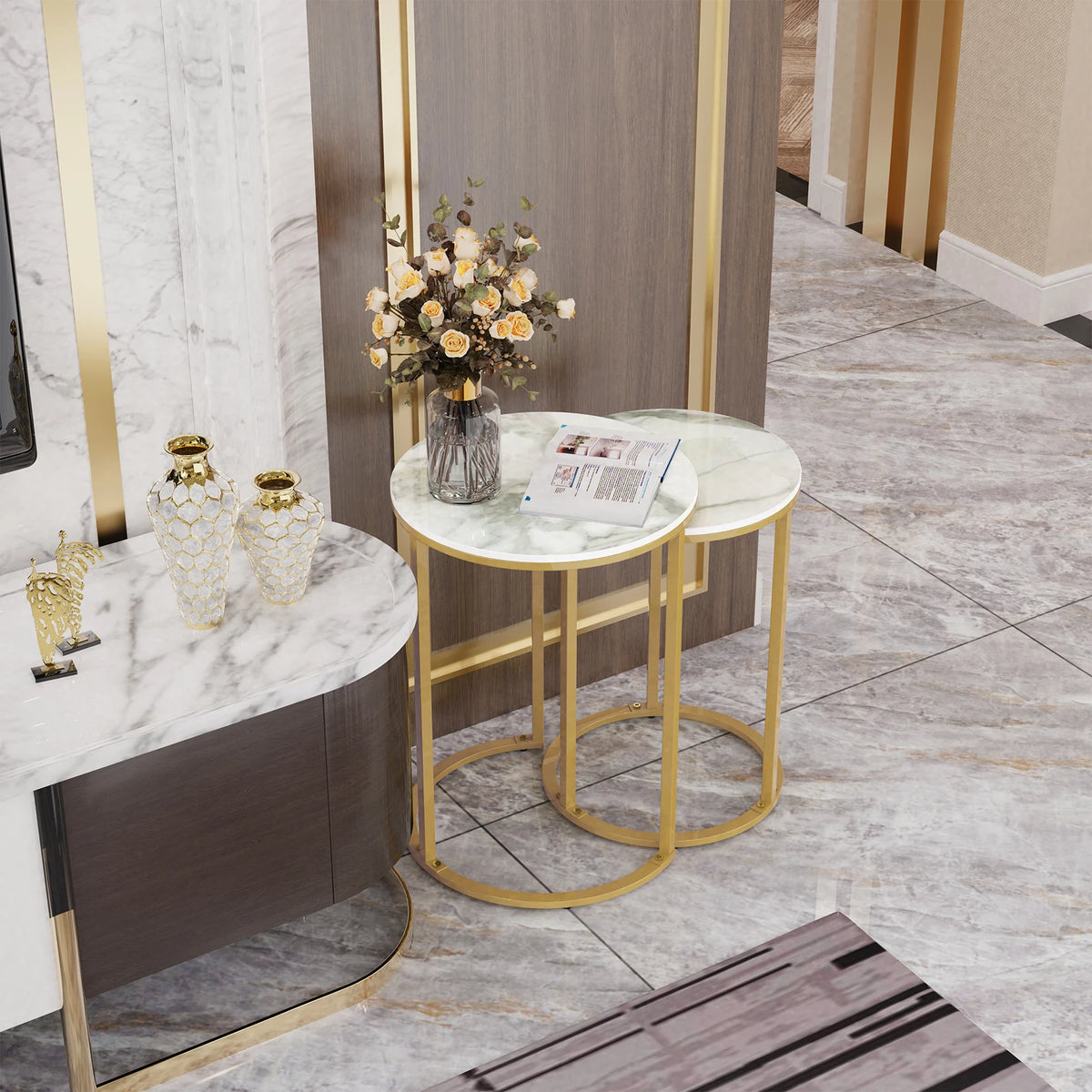 Sintered Stone Nesting Side Tables With Gold Metal Base