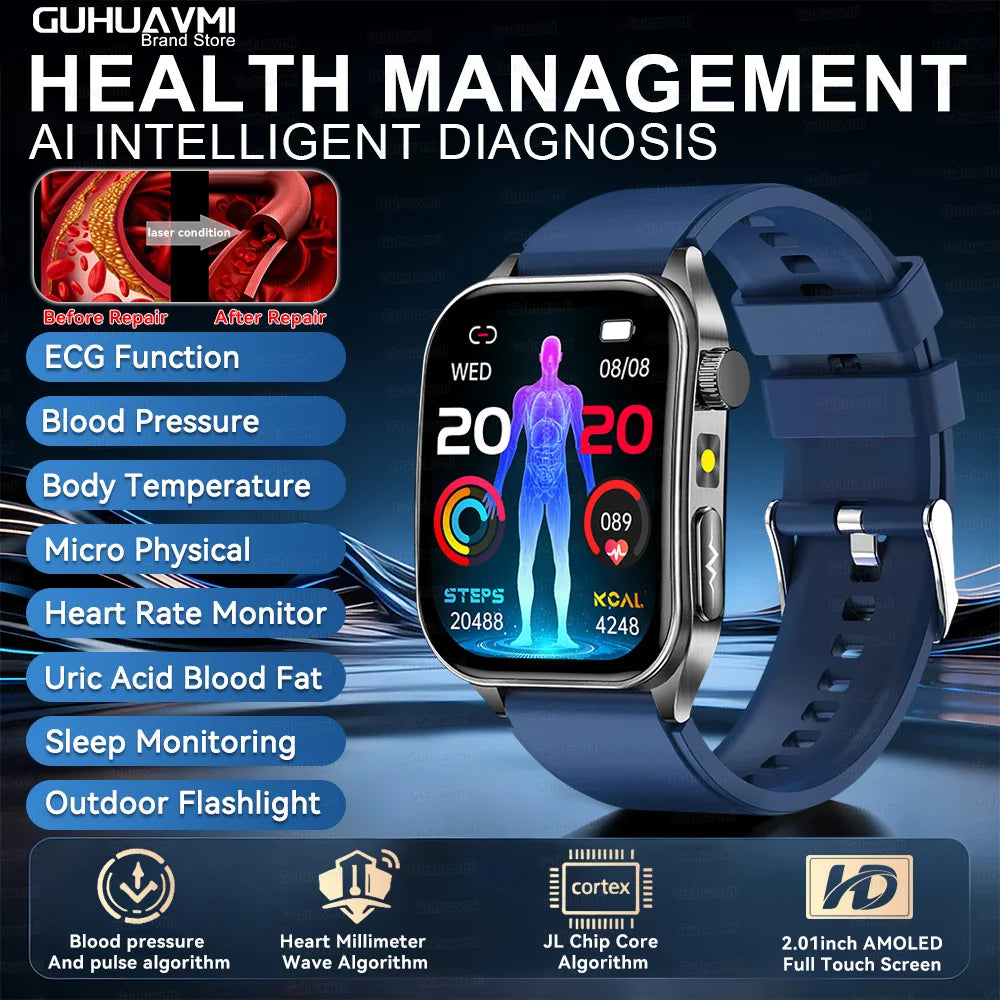 Blue Color 650nm Laser Therapy Smartwatch With ECG PPG Health Tracking