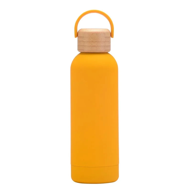 Earthy yellow Color 500 ml Stainless Steel Thermos Bottle With Bamboo Lid