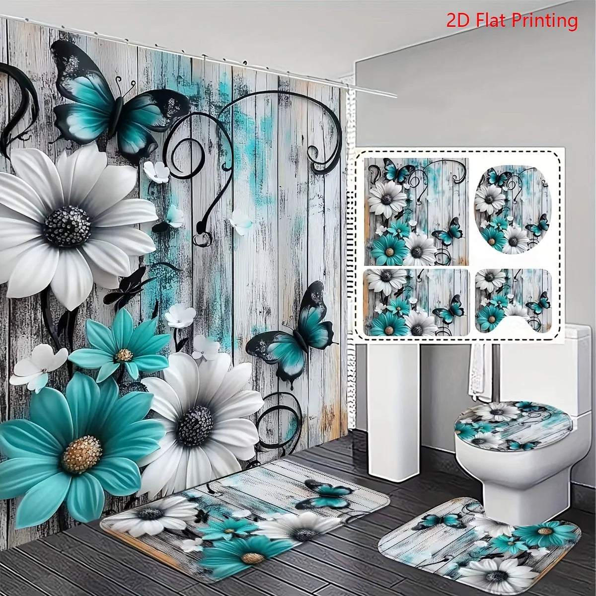 Teal Floral Butterfly Shower Curtain With 4-Piece Bath Mat Set