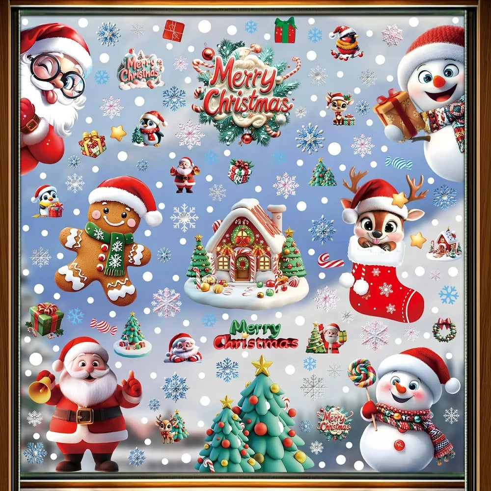 Christmas Window Clings Gingerbread Santa Snowman Decor