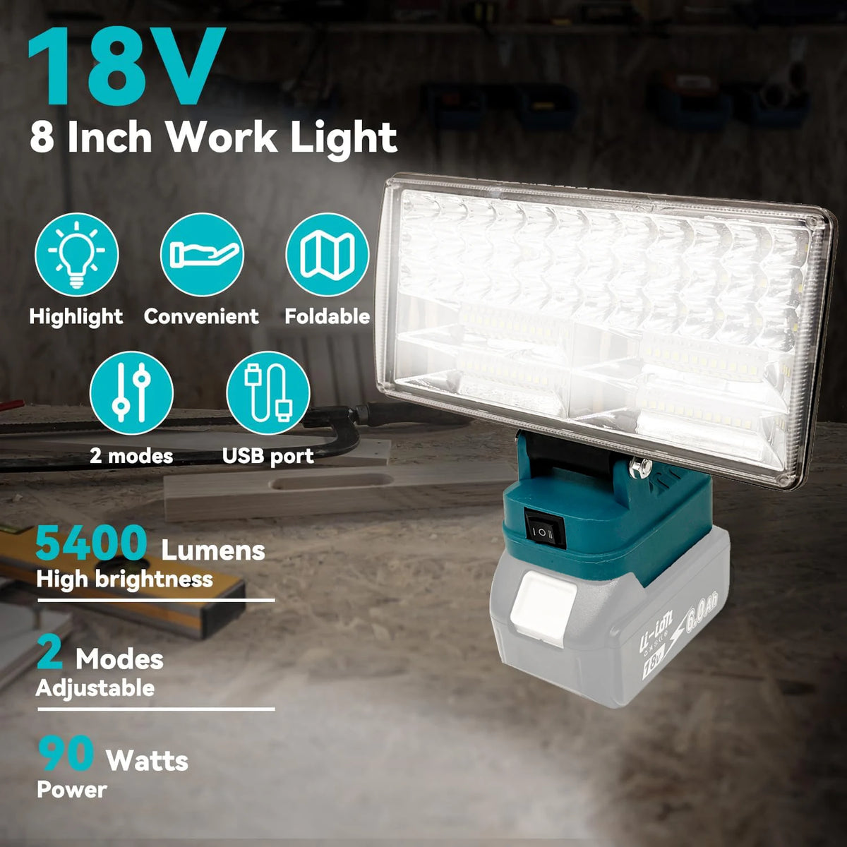 LED Work Spotlight for 18V Batteries – Dual USB Power Bank