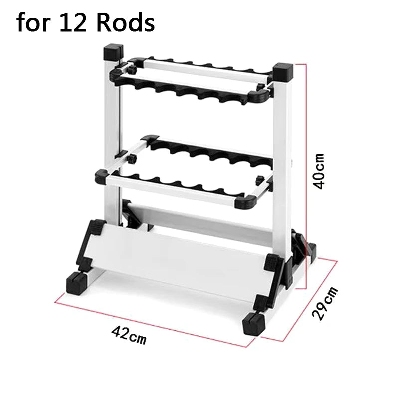 12 Holes Black Color Aluminum Fishing Rod Rack Stand – Folding 24/12 Slot Storage