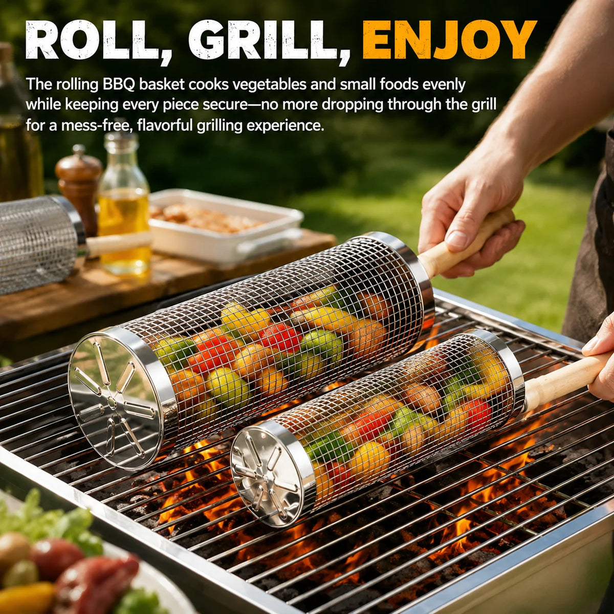 Stainless Steel Rolling Grill Baskets Set With Wooden Handle