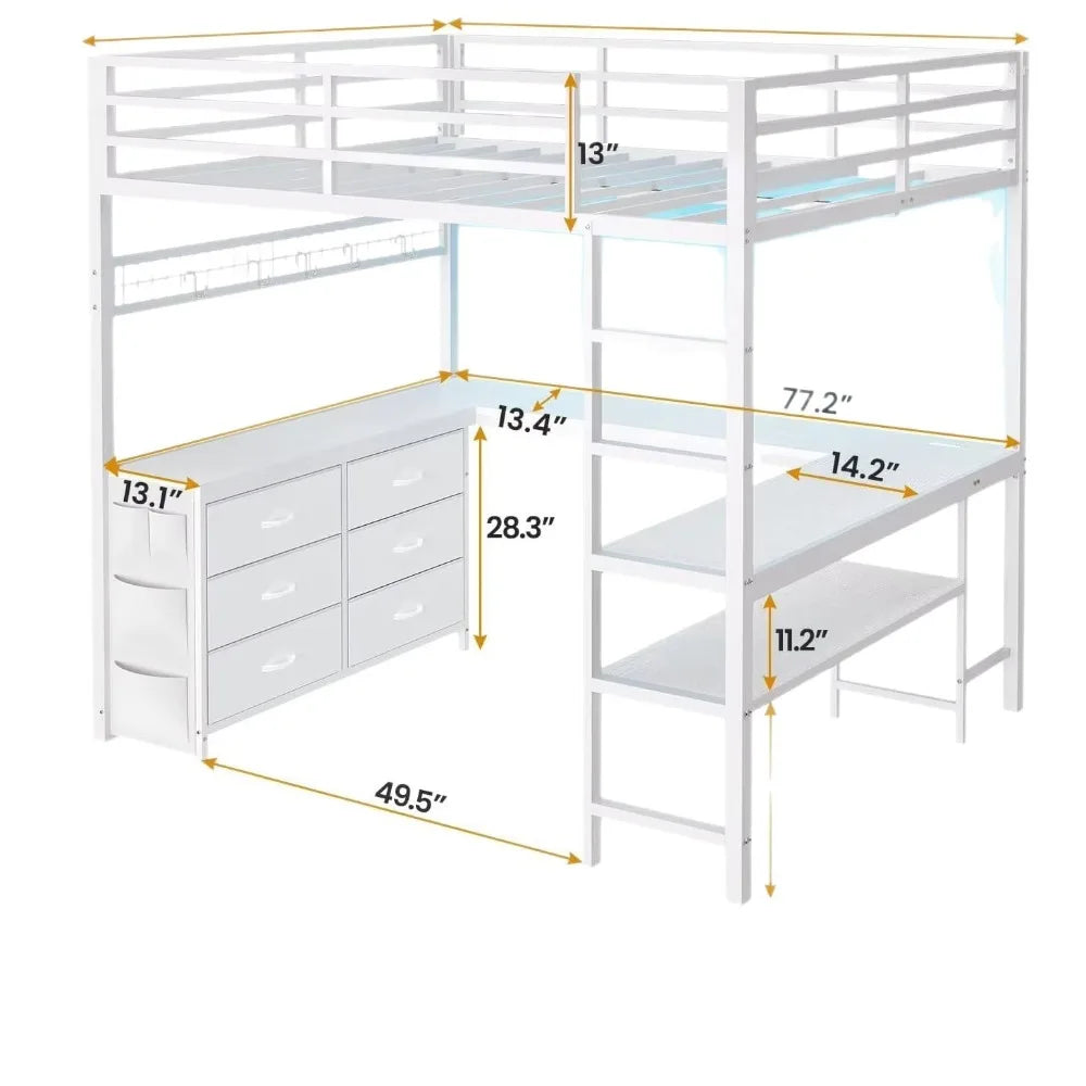 Metal Loft Bed With Staircase And L-Shaped Study Desk