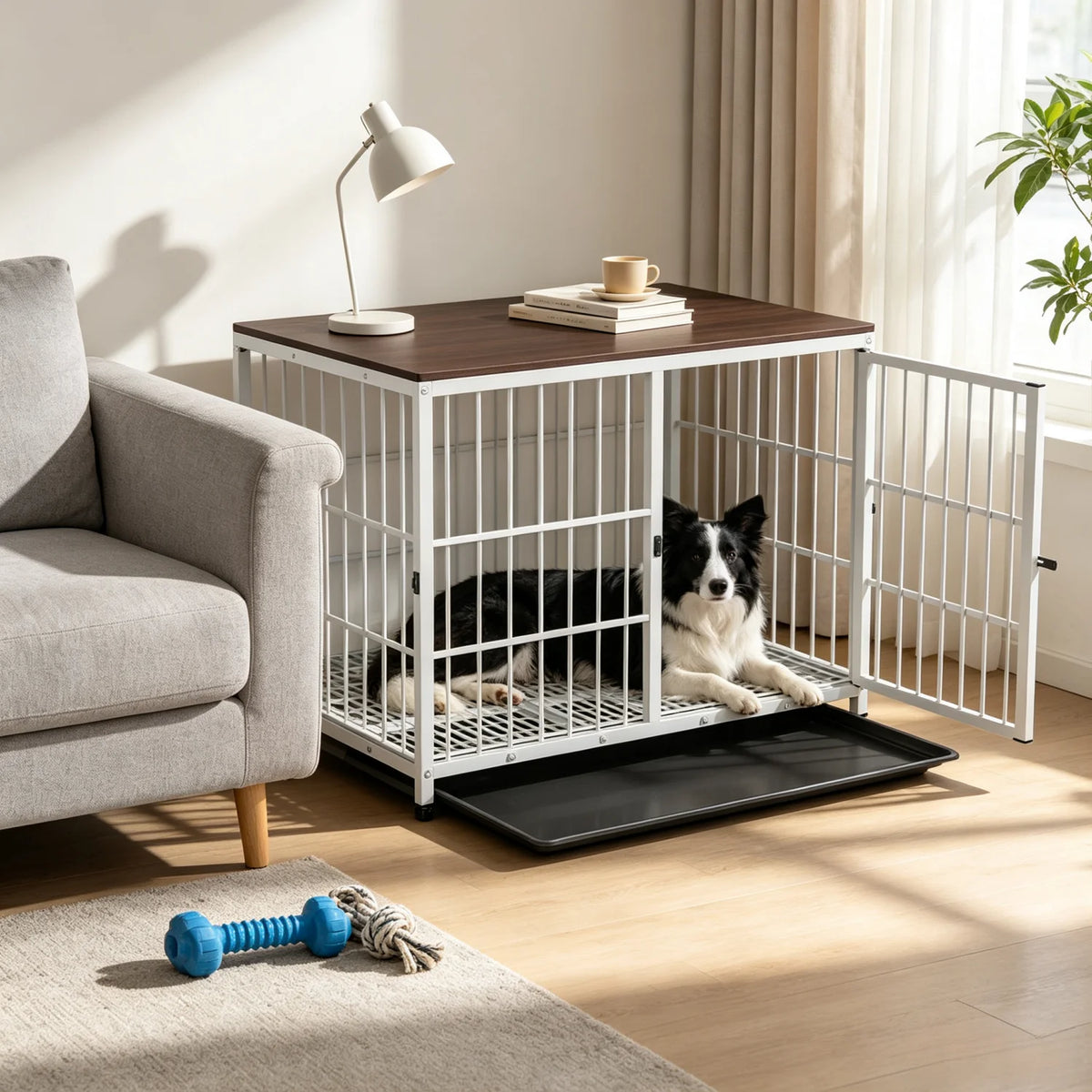 Wooden Dog Crate End Table with Metal Frame and Tray