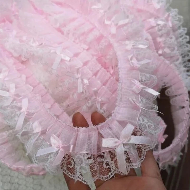 Pink Ruffled Bow Embroidery Lace Trim 1 Yard