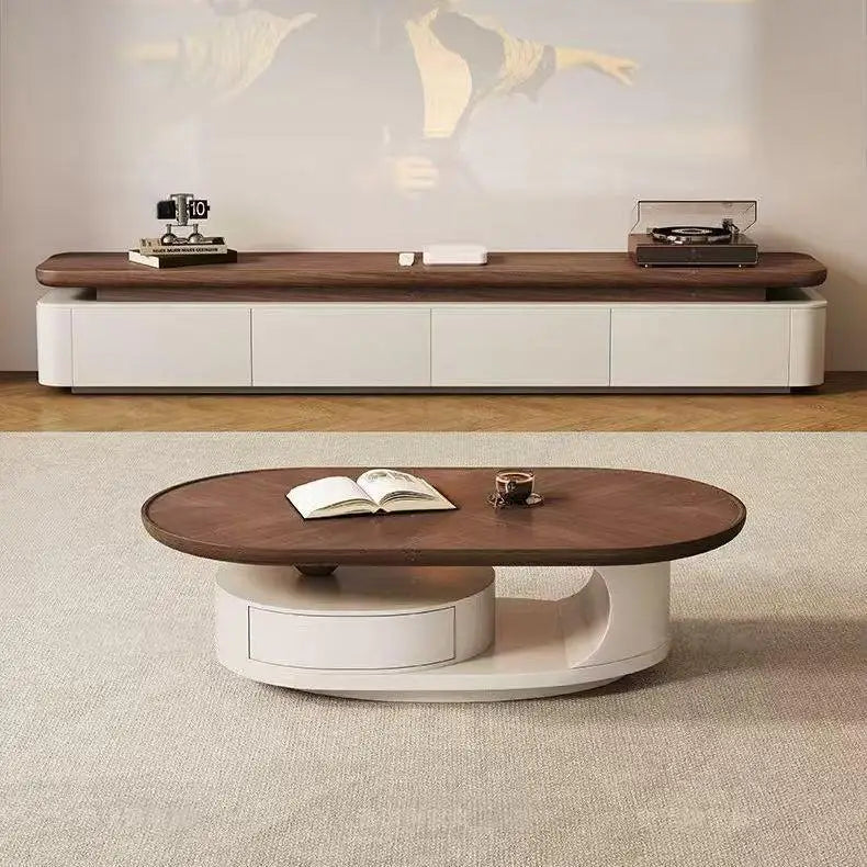 Modern Oval Coffee Table With Storage – Solid Wood & Marble