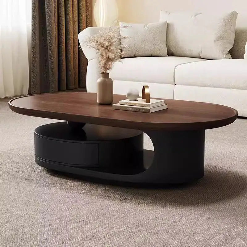 Modern Oval Coffee Table With Storage – Solid Wood & Marble
