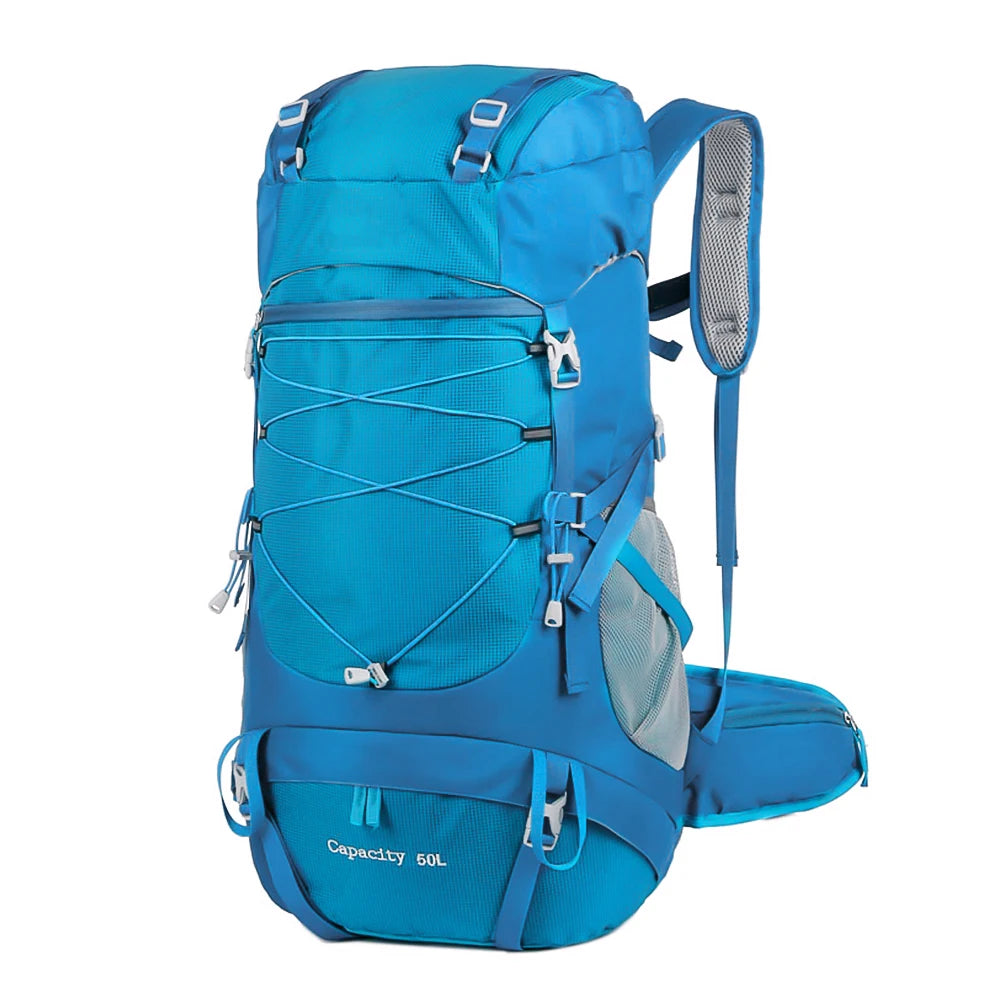 Blue Color 50L Hiking Backpack With Rain Cover For Camping Travel