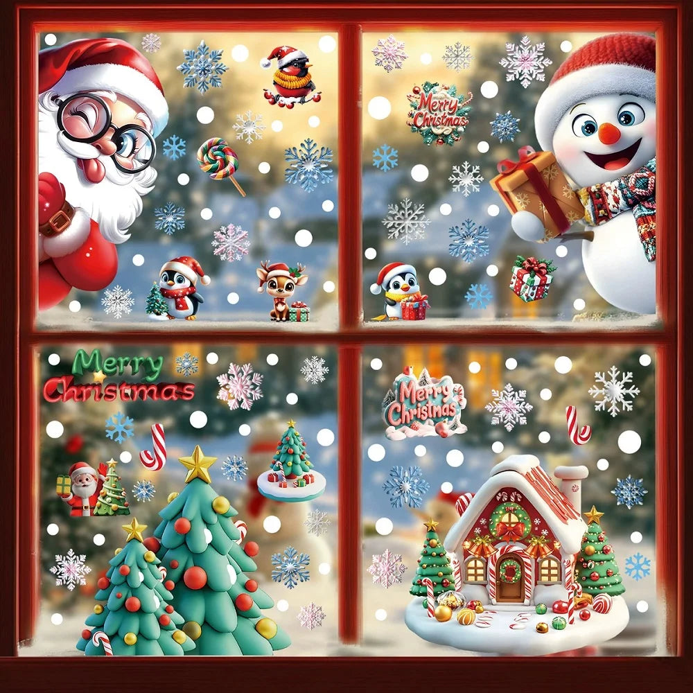 Style08-4pcs Color Christmas Window Clings Gingerbread Santa Snowman Decor