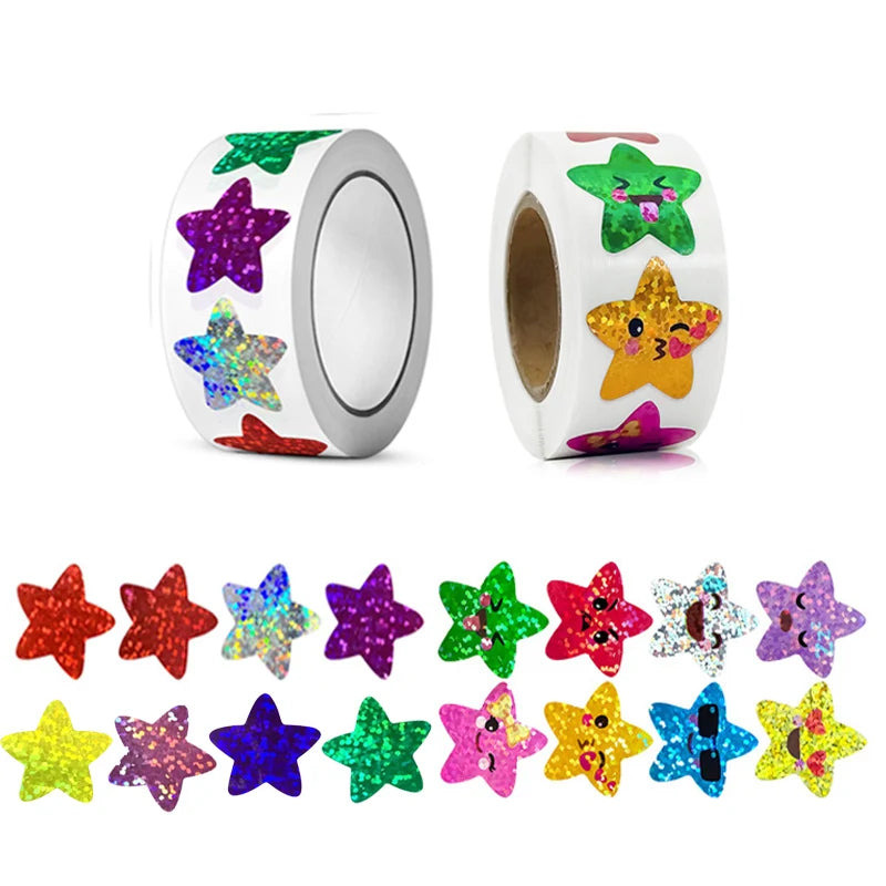 F 2Roll (1000pcs) Color Holographic Star Sticker Roll for Kids Crafts