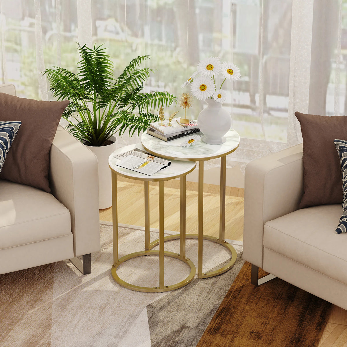 Sintered Stone Nesting Side Tables With Gold Metal Base