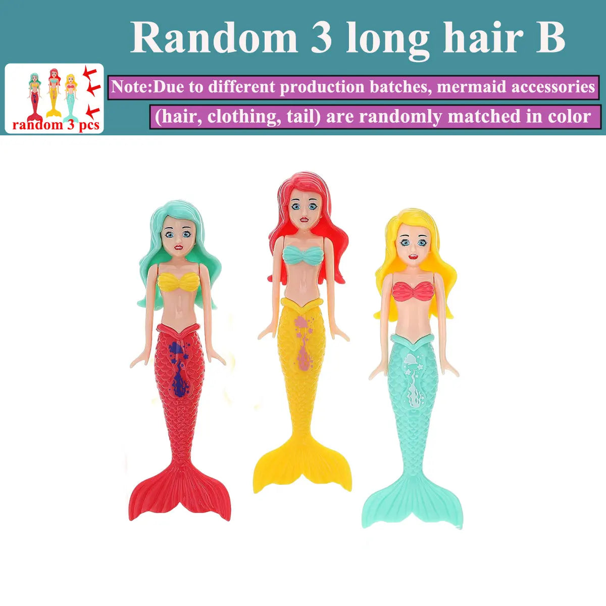 3 long hair S Color Mermaid Dive Pool Toys Set – Floating Bath Game for Kids