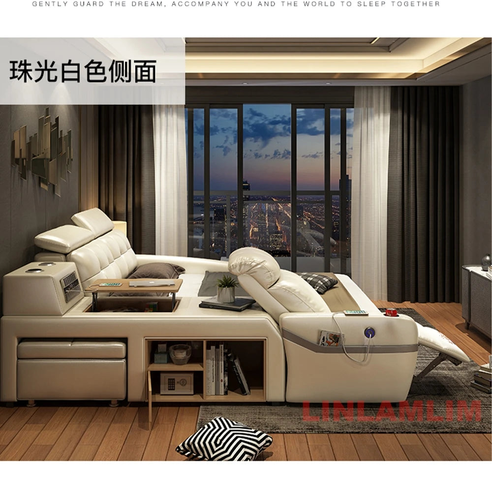 Smart Genuine Leather Platform Bed With Massage & Storage