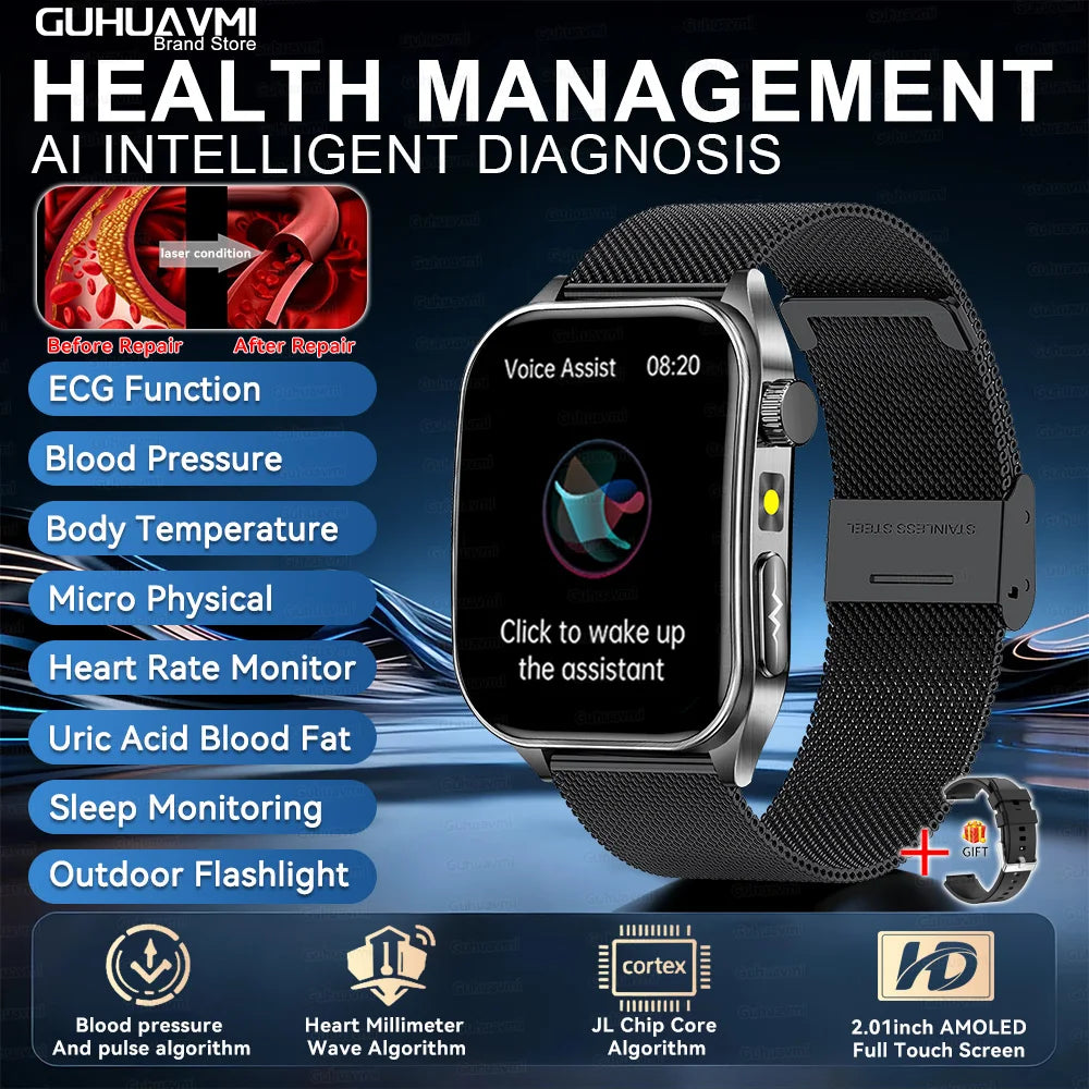 Black Mesh Belt Color 650nm Laser Therapy Smartwatch With ECG PPG Health Tracking