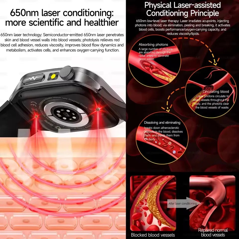 650nm Laser Therapy Smartwatch With ECG PPG Health Tracking