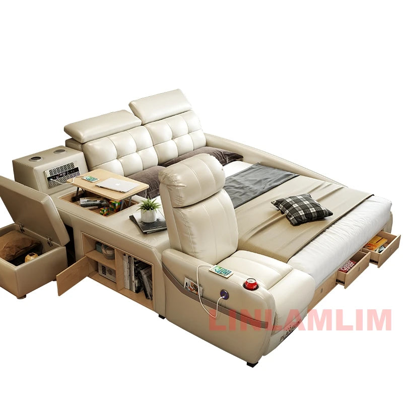 bed without mattress Color Smart Genuine Leather Platform Bed With Massage & Storage