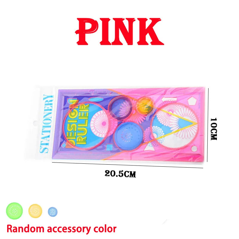 Pink Color Spirograph Geometry Drawing Stencil Ruler Set for Kids