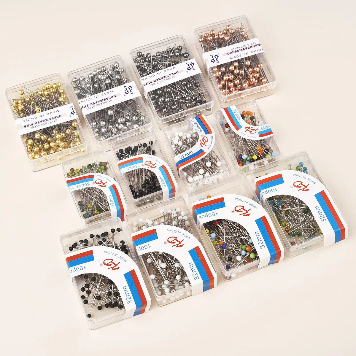 Straight Sewing Pins With Colored Glass Heads 32 mm