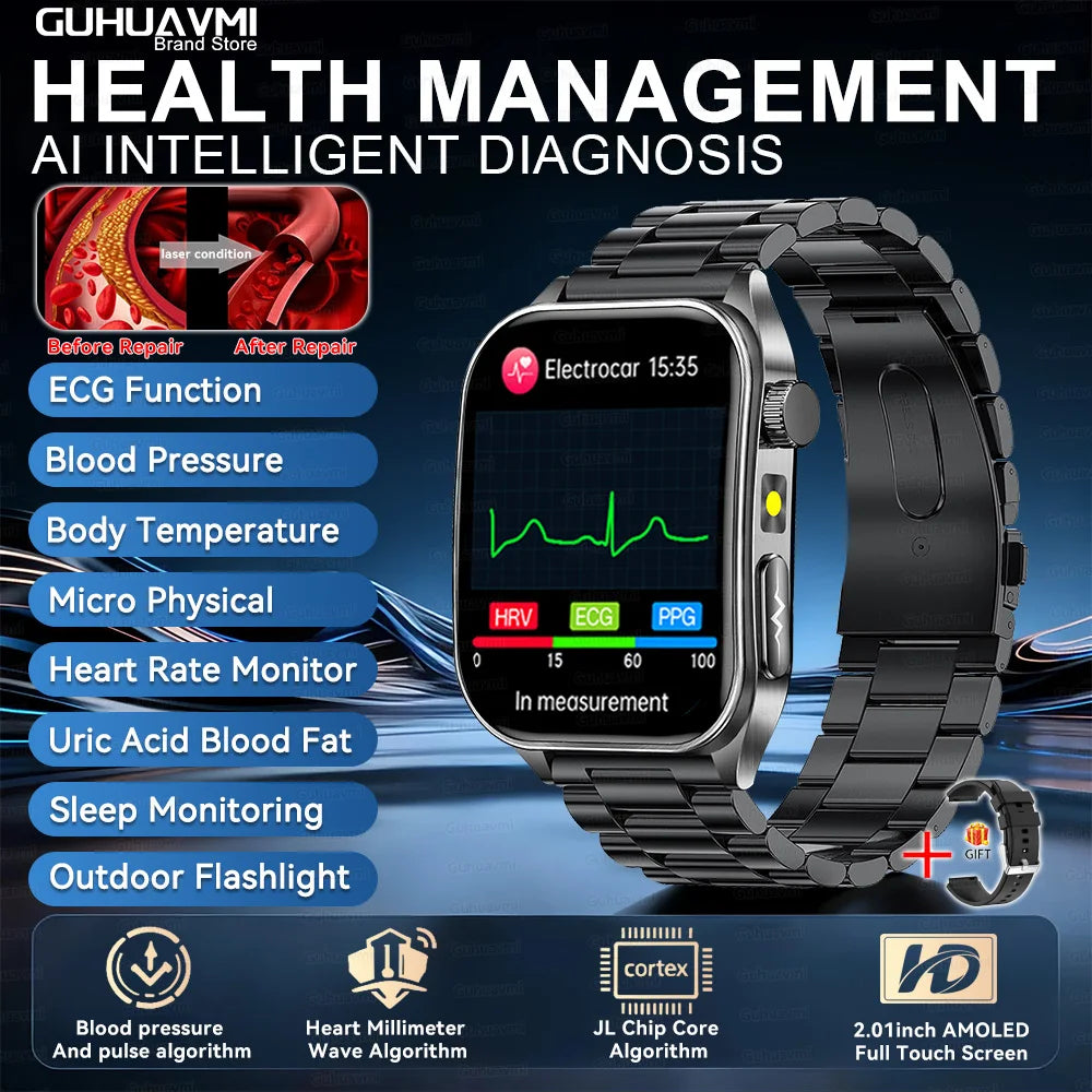 Black Steel Color 650nm Laser Therapy Smartwatch With ECG PPG Health Tracking