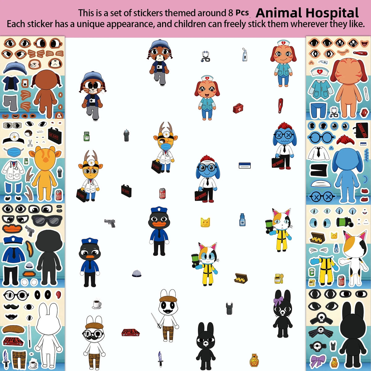 Animal Hospital Make-a-Face Puzzle Sticker Game Set