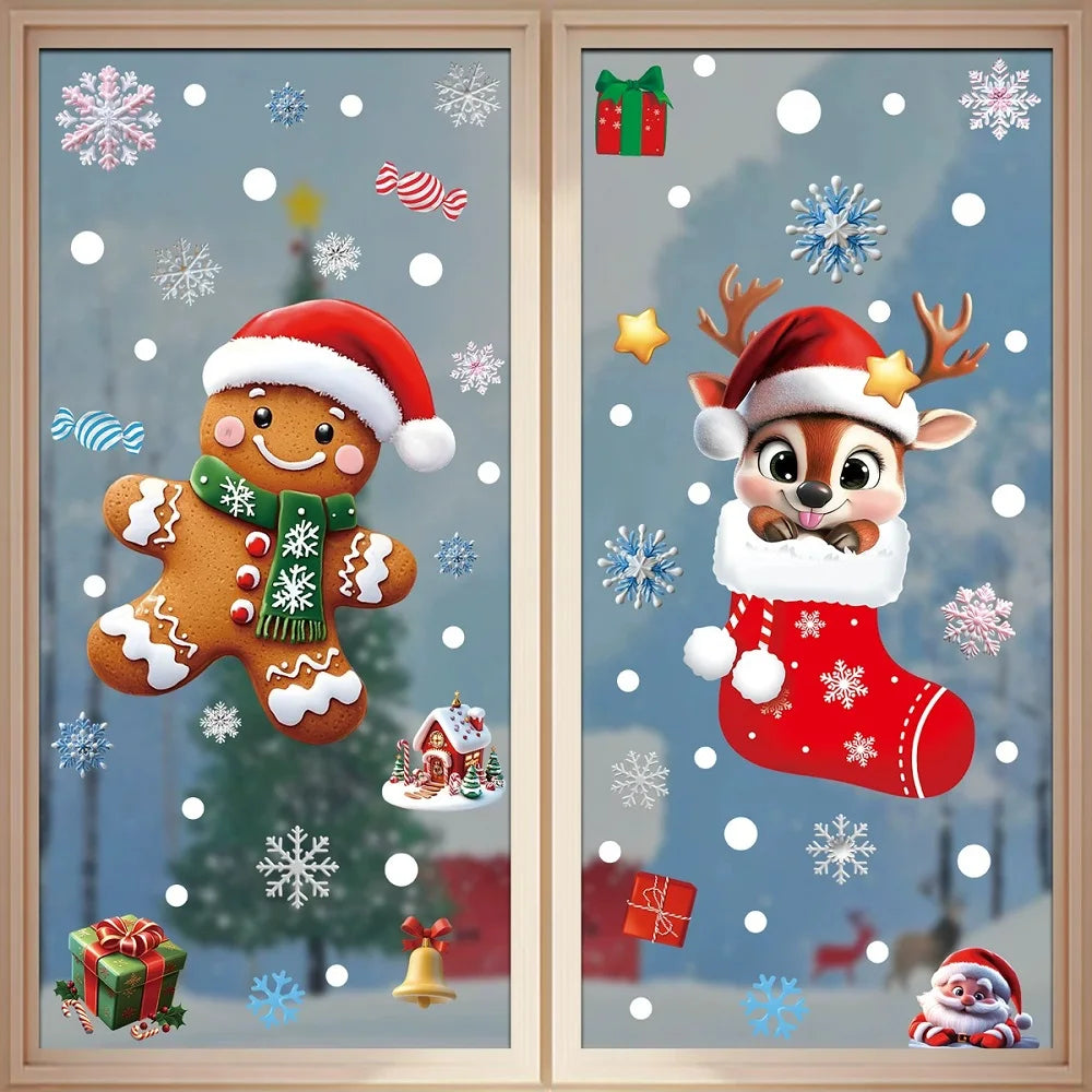 Christmas Window Clings Gingerbread Santa Snowman Decor