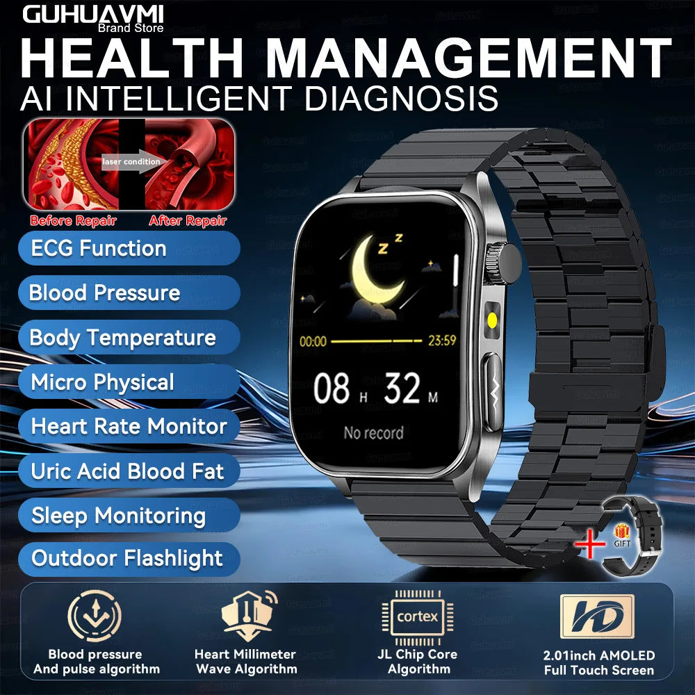 Black Steel B Color 650nm Laser Therapy Smartwatch With ECG PPG Health Tracking