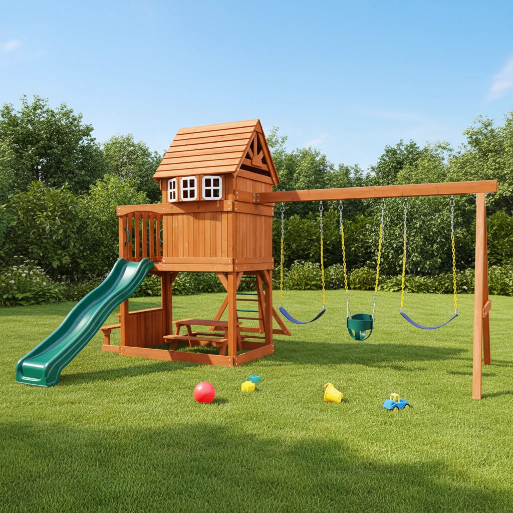 Outdoor Wooden Playground Swing Set With Monkey Bars